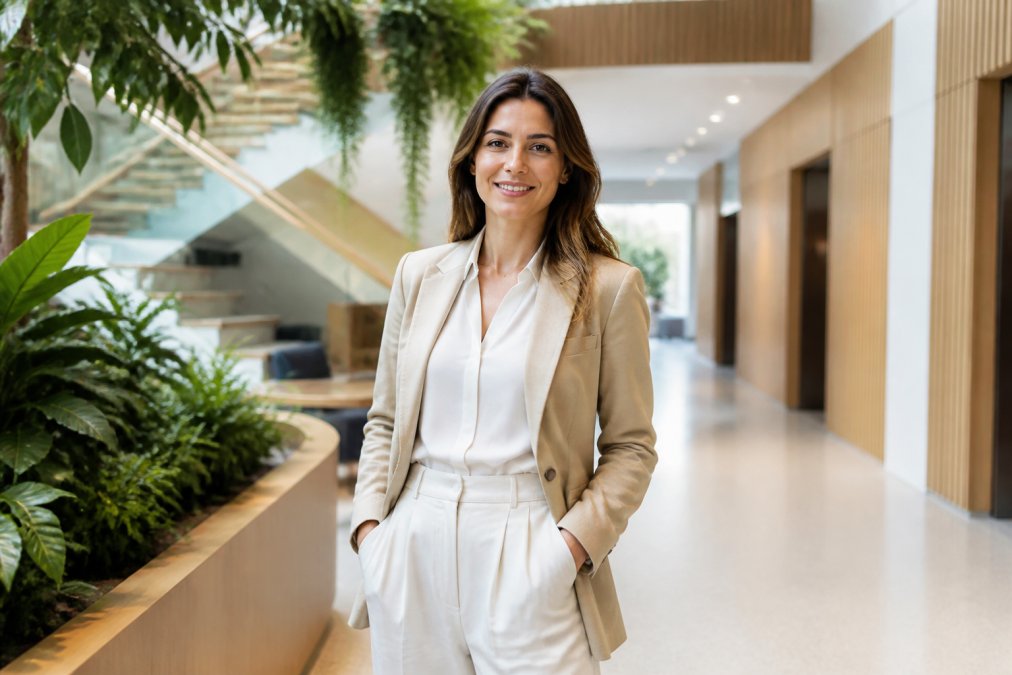 A professional woman wearing a neutral-toned blazer made of natural fabric, standing in a modern office lobby with plants, looking confident and approachable