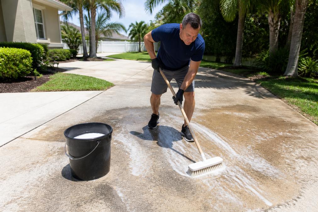 Homeowner scrubbing a concrete driveway with a stiff brush and bucket of cleaning solution on a sunny day, showing proper manual scrubbing technique