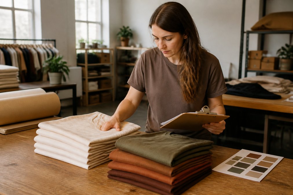 A small print shop owner inspecting folded stacks of blank t-shirts in natural and earth tones on a wooden worktable, with a clipboard and fabric swatches nearby in a bright studio