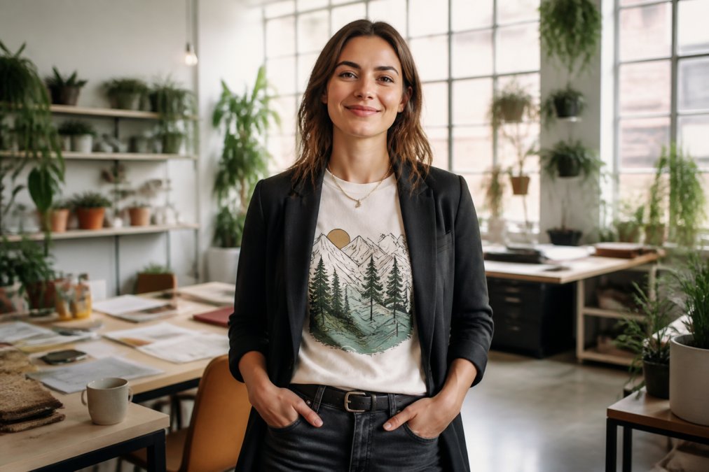 A young professional wearing a nature-inspired graphic tee layered under a blazer, standing in a bright modern office with plants, looking confident and approachable