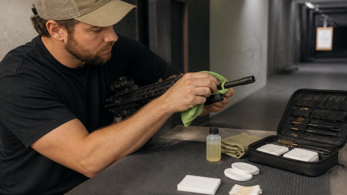 Shooter at indoor range carefully applying eco-friendly gun cleaner with cloth to rifle barrel, cleaning patches and supplies organized on mat nearby