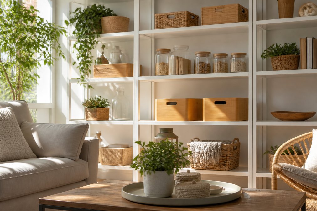 Bright, sunlit living room with neatly organized shelves displaying bamboo storage containers, glass jars, and natural fiber baskets, minimal clutter visible
