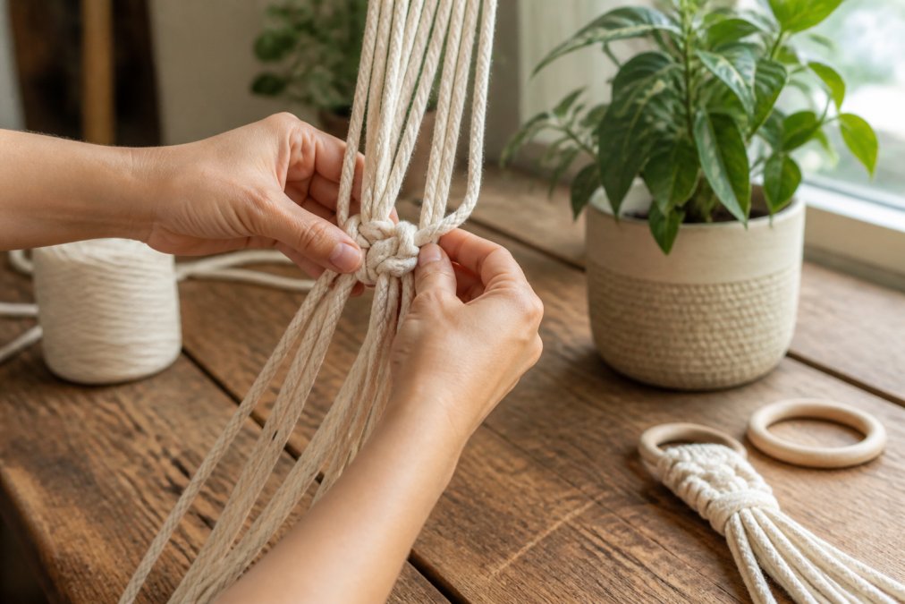 Close-up of hands tying a square knot in natural cotton macrame cord, with a small potted plant and wooden ring on a rustic table in a bright room