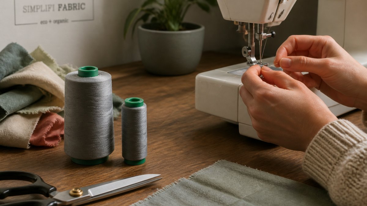 Close-up of hands threading a sewing machine with a spool of recycled polyester thread, fabric scraps and scissors on a wooden worktable