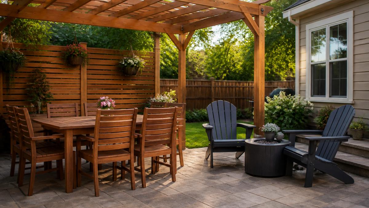 Well-maintained backyard patio featuring a mix of durable outdoor furniture pieces including wooden dining sets, recycled plastic chairs, and cedar pergola structures in a residential setting with natural afternoon lighting