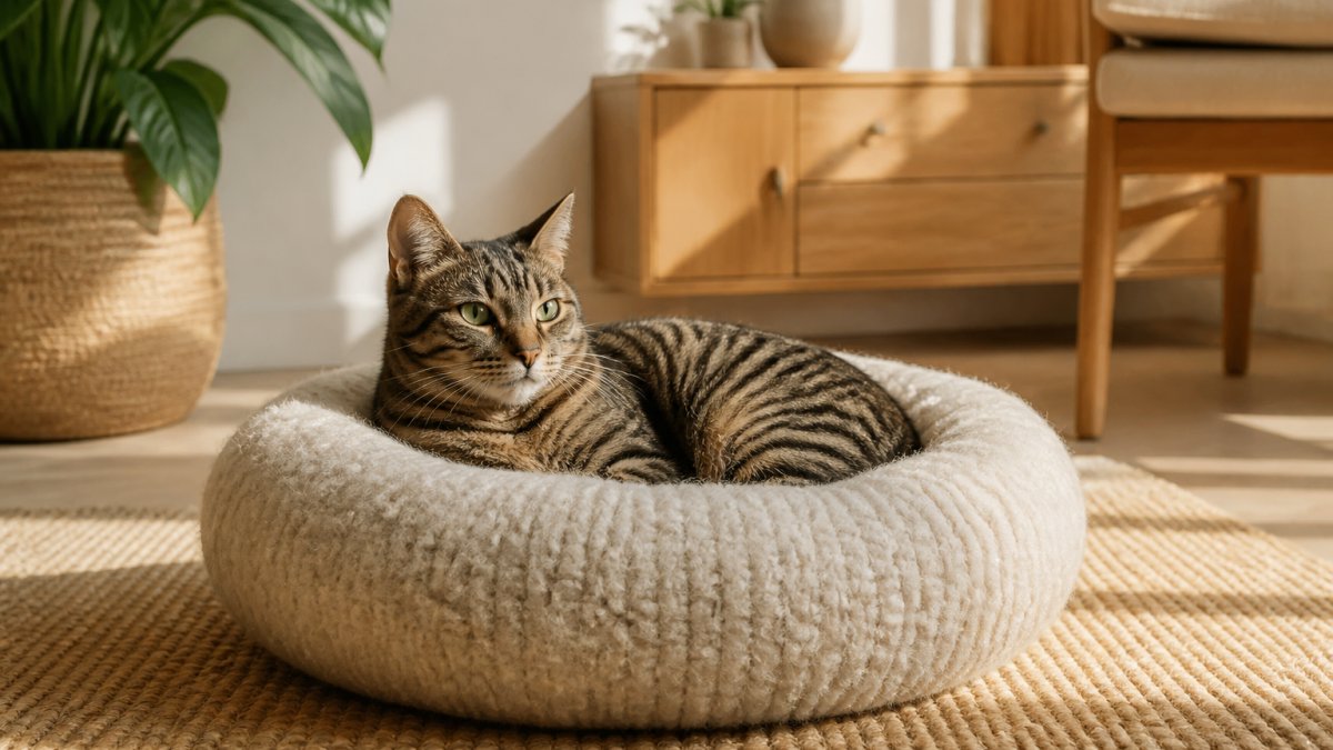 A tabby cat resting peacefully in a natural wool bed positioned in a sunlit corner of a living room, with wooden furniture and plants visible in the background