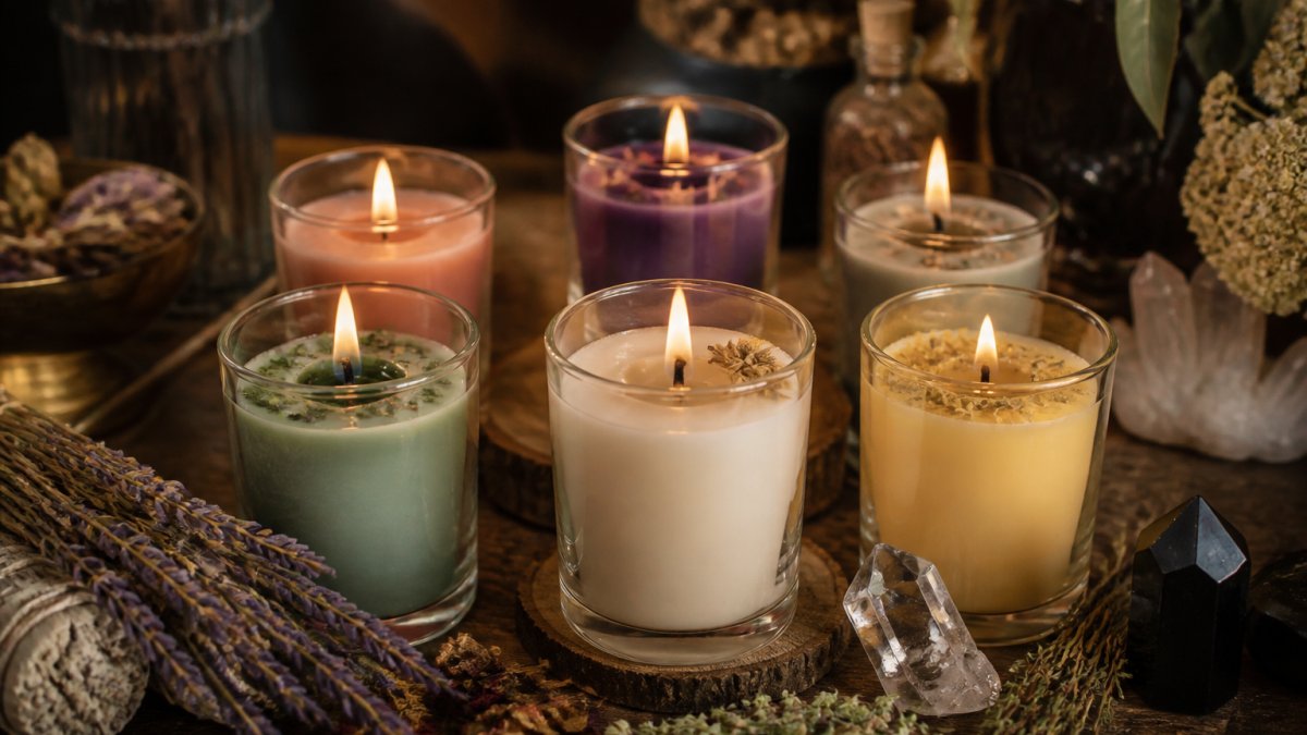 Close-up of hand-poured soy wax spell candles in glass vessels arranged on an altar with dried protective herbs, crystals, and intention-setting items in warm candlelight