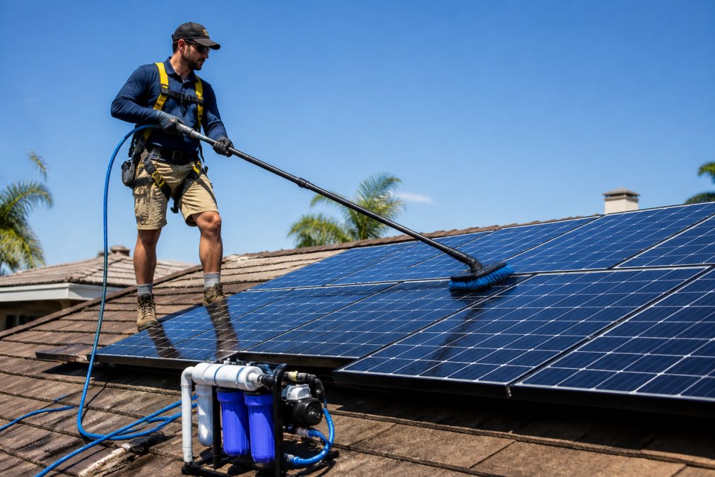 Technician using an eco friendly solar panel cleaner with a water-fed pole on a sunny rooftop