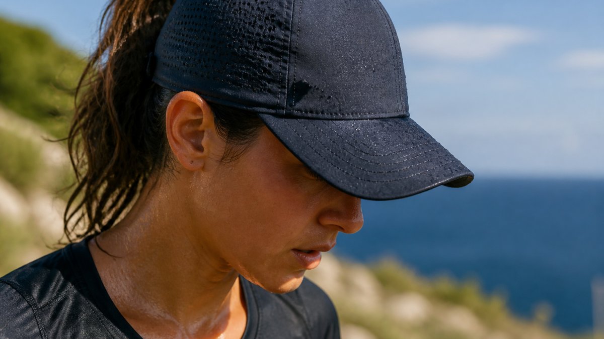 Close-up of a person wearing a recycled polyester sports cap during outdoor exercise, sweat visible on the brim, sunlight highlighting the breathable fabric texture