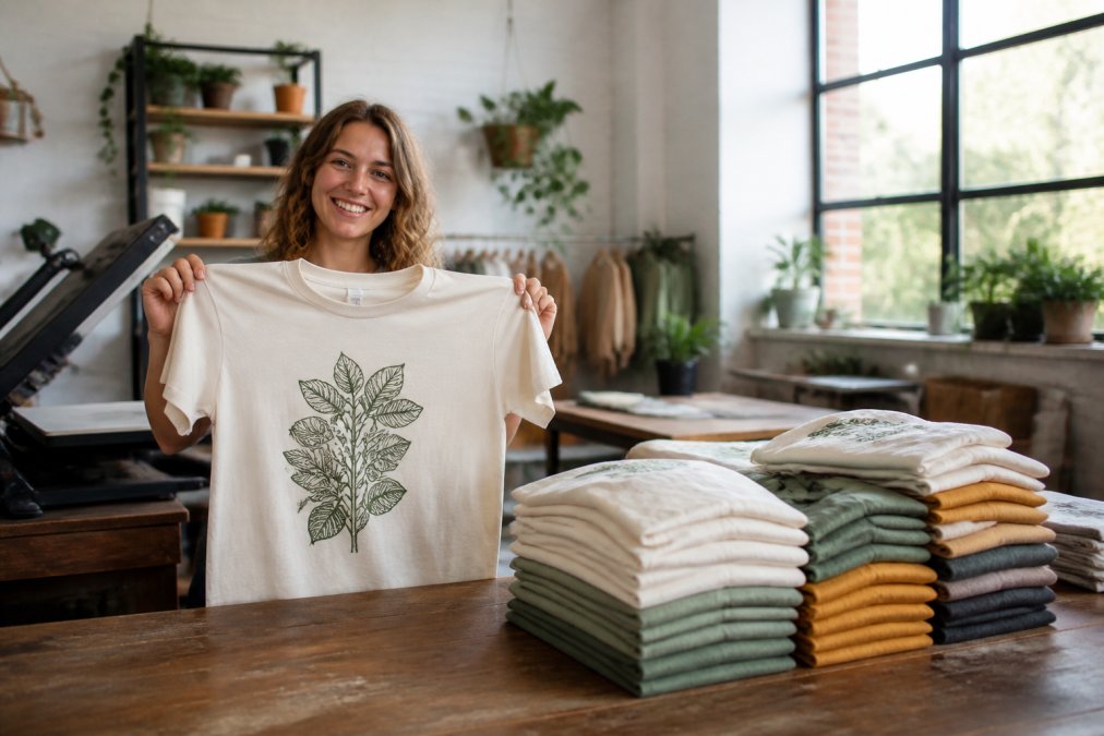 A small business owner holding up a freshly printed organic cotton t-shirt next to a stack of folded custom apparel in a bright studio workspace