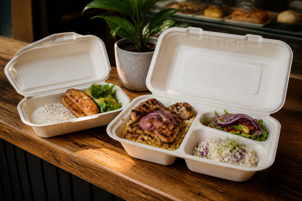 Close-up of open sugarcane bagasse clamshell containers filled with fresh cafe food, rice, salad, and grilled protein, arranged on a wooden counter with a small green plant in the background and warm natural light