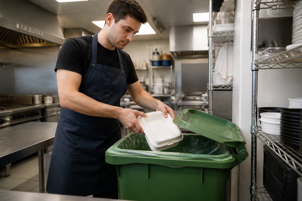 A cafe staff member in an apron placing used compostable takeaway containers into a clearly labelled green compost bin in a clean commercial kitchen, with stainless steel benches and overhead fluorescent lighting