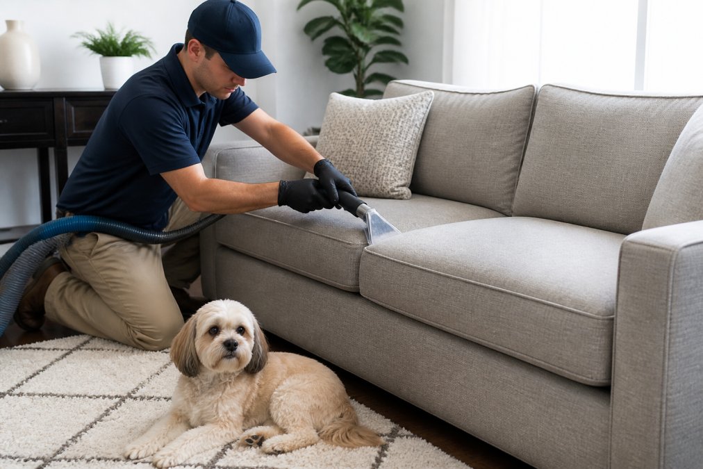 Technician using eco friendly upholstery cleaning tools on a sofa near a resting dog