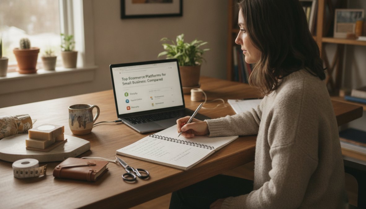 A small business owner sitting at a wooden desk reviewing ecommerce platform options on a laptop, with handmade product samples and a notebook nearby in a bright, sunlit home office setting