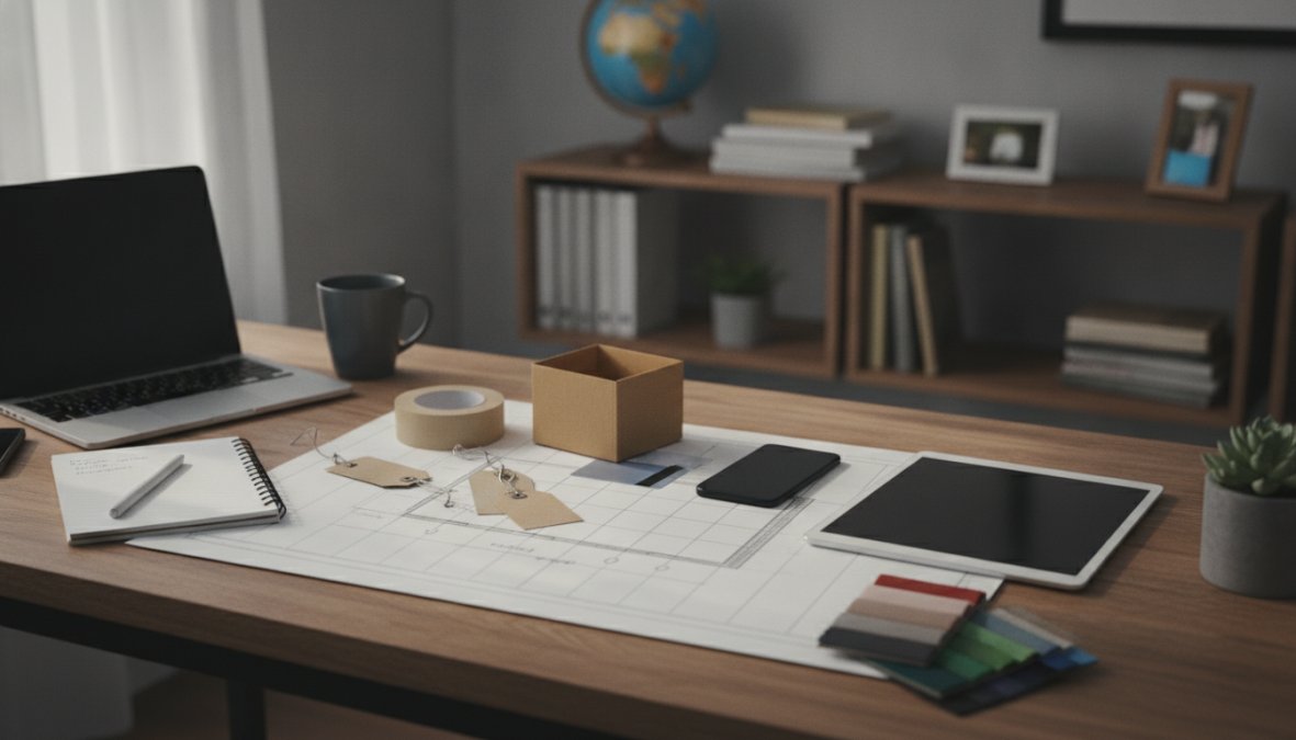 Close-up of hands typing on a laptop keyboard with a cup of coffee and a handwritten checklist on paper beside it, warm natural light from a nearby window, symbolizing the early stages of planning an online store