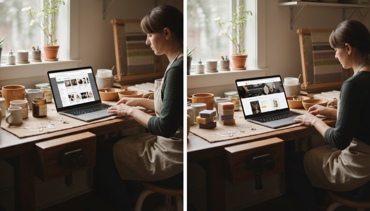 A craftsperson sitting at a wooden workbench surrounded by handmade goods including candles, ceramics, and jewelry, with a laptop open showing an online shop dashboard in warm natural light