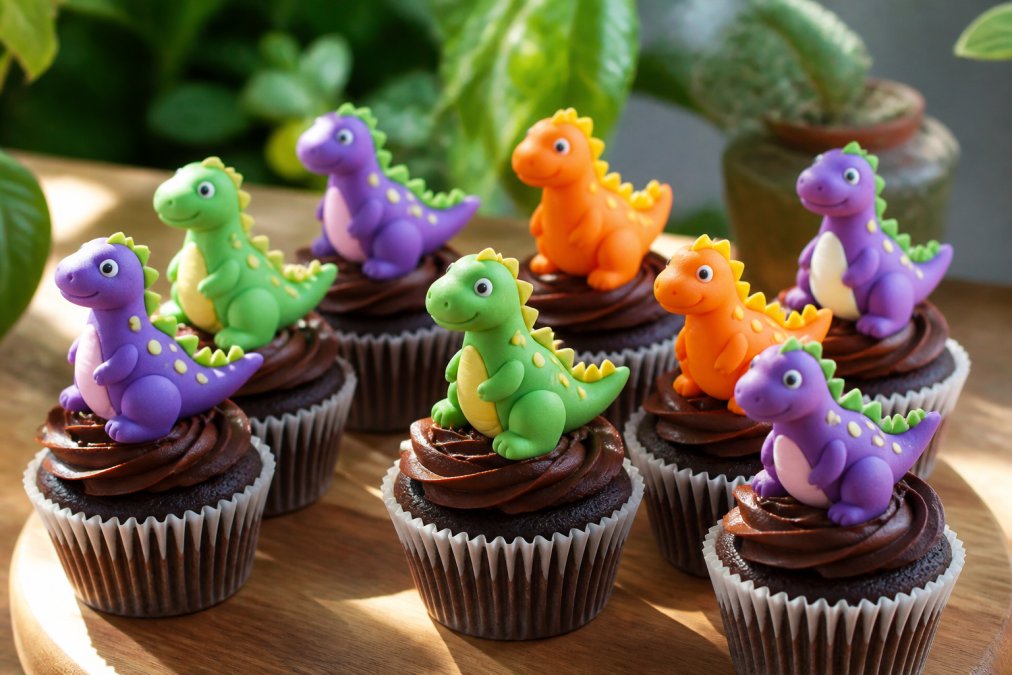 Colourful handmade sugar paste dinosaur toppers displayed on chocolate cupcakes with buttercream icing, showing vibrant green, purple, and orange dinosaurs in natural daylight