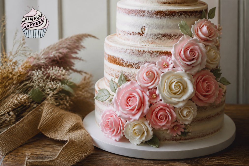 Close-up of a semi-naked sponge wedding cake decorated with handmade edible glittered rose garlands in soft pink and white, set on a wooden table with dried flowers and hessian ribbon nearby