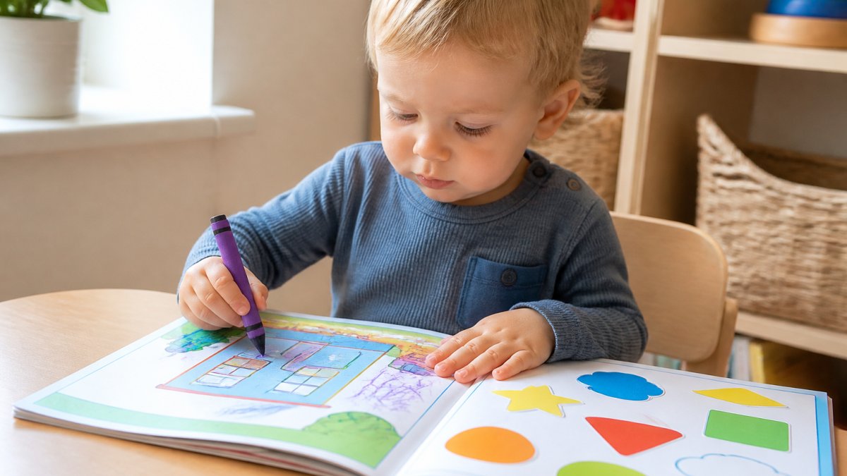 Infographic steps for using educational activity books for toddlers to develop fine motor skills while drawing