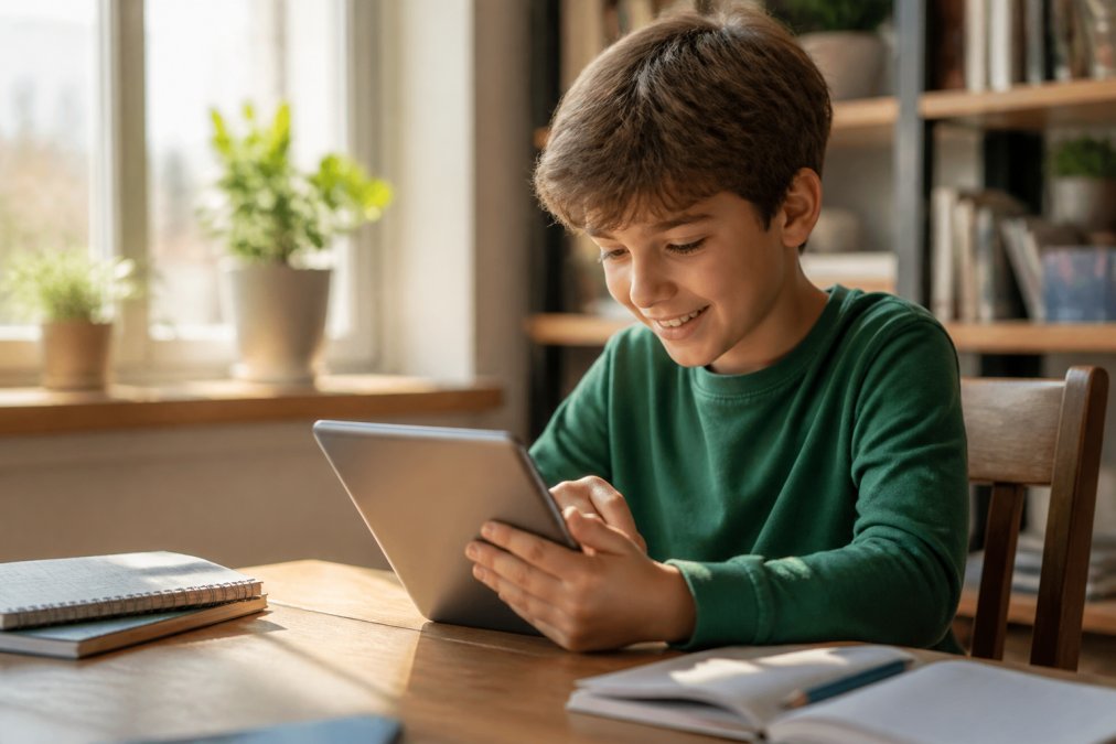 A child aged 8-10 sitting at a wooden desk, smiling and engaged while using a tablet with colorful educational content visible on the screen, warm natural light coming through a nearby window