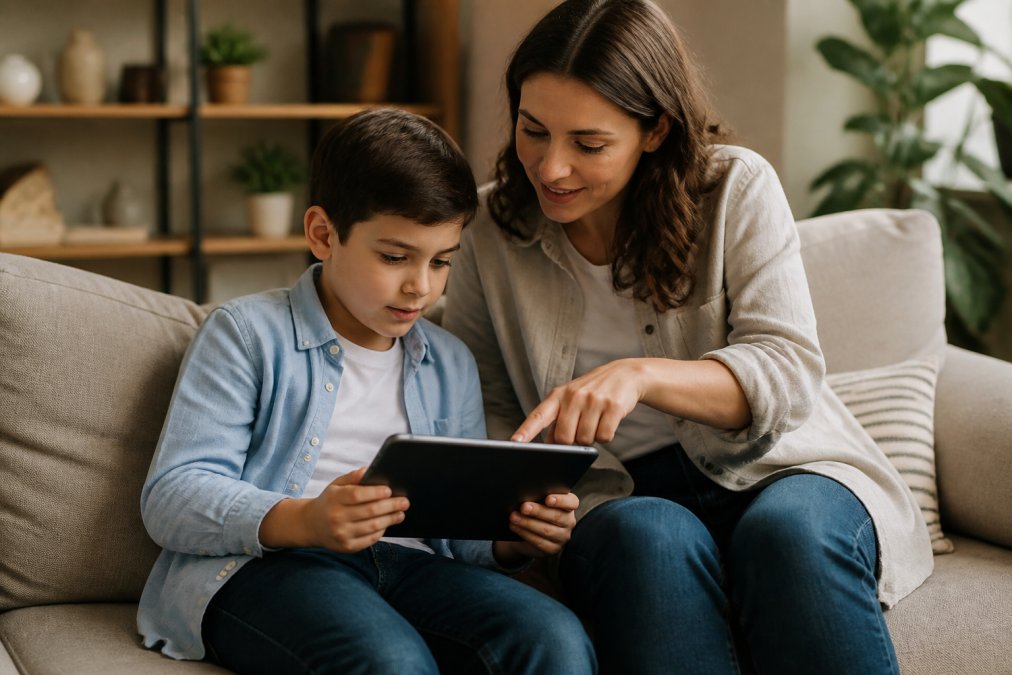 A parent and child sitting together on a couch, the parent pointing at a tablet screen while both appear engaged in a learning activity, warm indoor lighting and a relaxed home setting