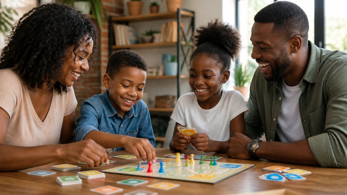 Family of four gathered around wooden table playing board game together, laughing with game pieces and cards visible, warm natural lighting from window