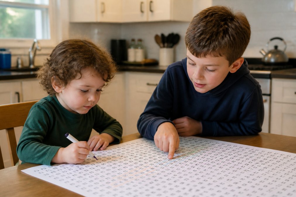 Infographic illustrating collaborative learning activities for mixed age siblings using a word search puzzle.