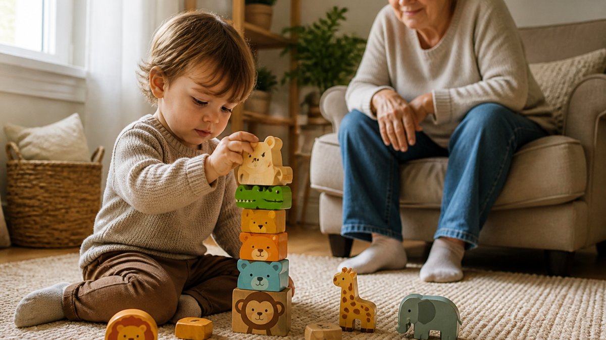 A toddler sitting on a living room rug stacking colorful wooden animal blocks while a grandparent watches from a nearby armchair, warm natural window light