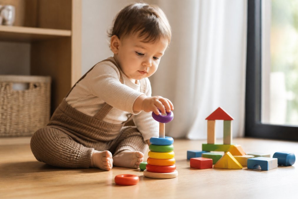 A toddler sitting on a warm wooden floor surrounded by colorful stacking rings and chunky building blocks, reaching forward with focused concentration to place a ring on a peg, soft natural light coming through a nearby window