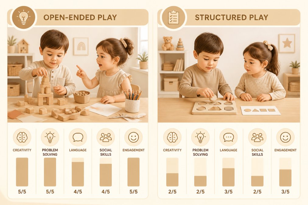 Two young children playing side by side at a low wooden table covered with simple wooden blocks and colorful craft materials, one child carefully stacking pieces while the other points and gestures, bright airy playroom with white walls and natural light