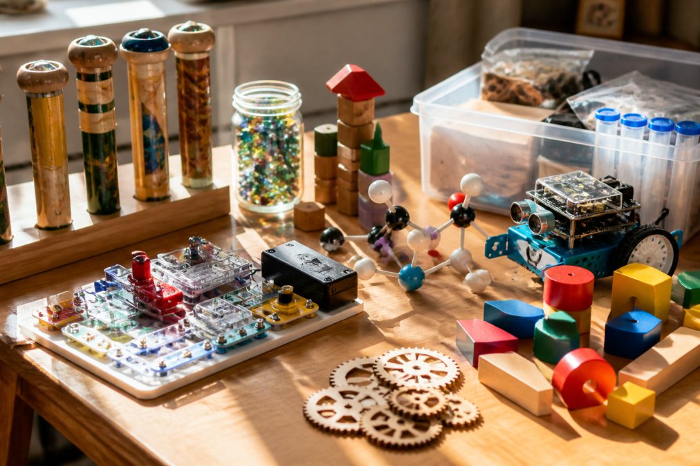 Assortment of colorful educational STEAM toys arranged on a bright wooden table, including handcrafted kaleidoscopes, circuit boards, building blocks, and science kit components with natural sunlight highlighting fine details and textures