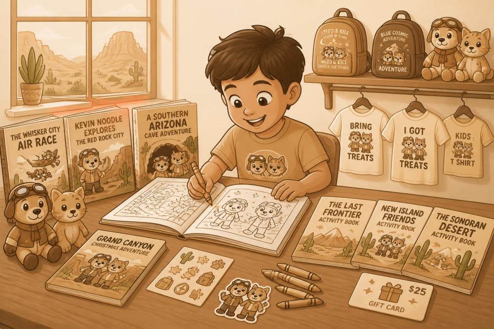 A child aged 6-8 sitting at a wooden table, happily coloring pages from an activity book surrounded by crayons, stickers, and adventure-themed storybooks, warm natural light coming through a nearby window