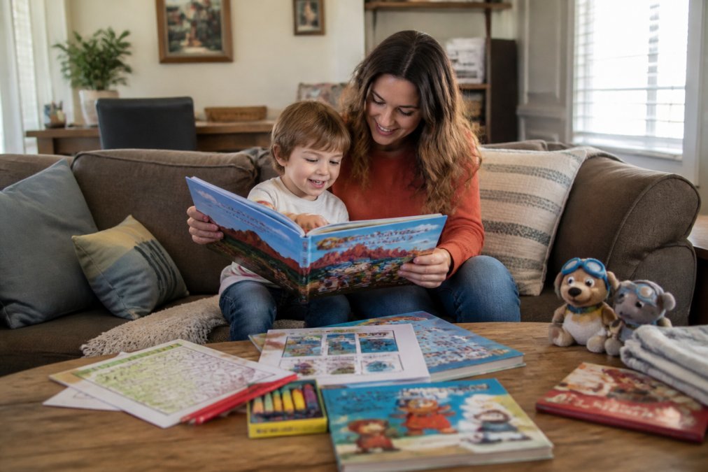 A parent and young child sitting together on a couch reading a colorful illustrated children's book, with activity books and art supplies spread on the coffee table in front of them, warm afternoon light in a cozy living room