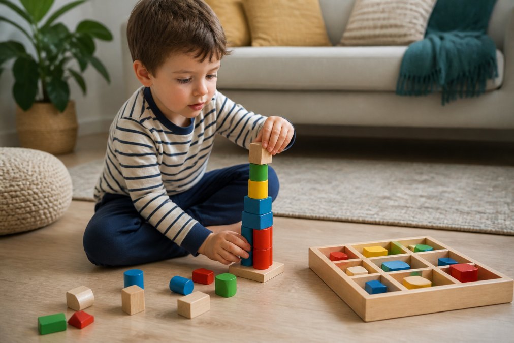 Four-year-old playing with educational toys for 4 year olds by stacking colorful wooden blocks on a living room floor