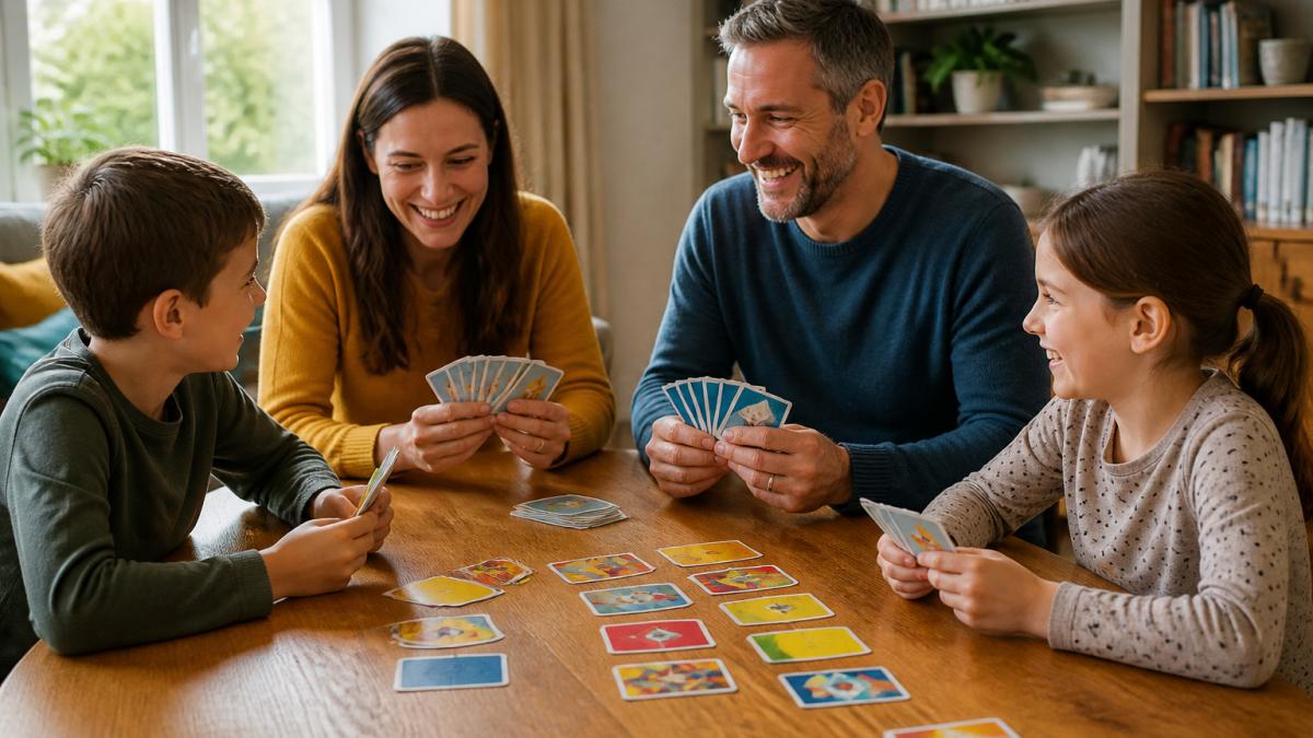 Family of four sitting around a wooden table playing a colourful card game together, with cards spread out, smiling and engaged in friendly competition, natural daylight from window