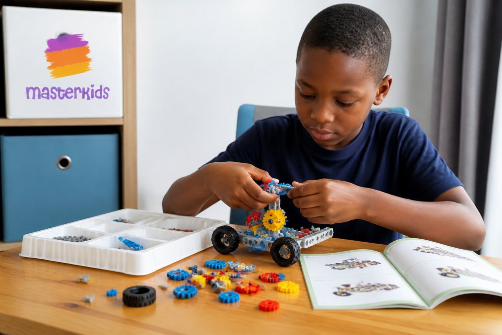 Primary school-aged child working through a robotics or engineering kit at a table, with colourful pieces and instruction sheets spread out, focused expression on face, afternoon natural light