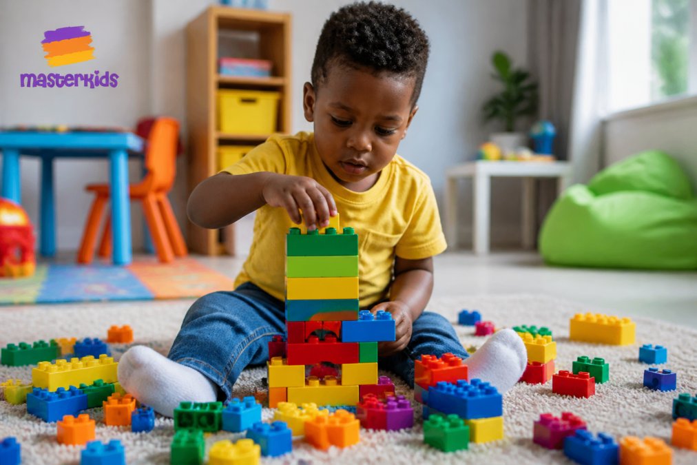 A toddler playing with colourful building blocks and construction sets on a bright carpet, concentrating intently on stacking and creating structures