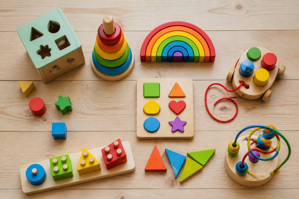 Professional illustration showing wooden and light and flat-lay concepts for educational toys for toddlers