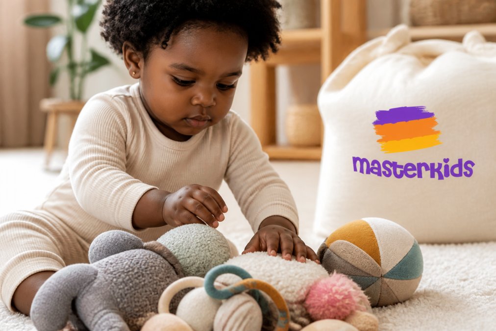 Close-up of a child's hands touching soft organic cotton plush toys, exploring different textures and colours with concentrated expression