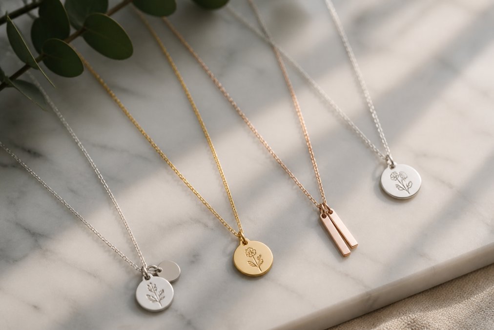 Close-up of delicate personalized necklaces displayed on a marble surface, showing various metal finishes and engraved details in natural light, with soft diffused window lighting