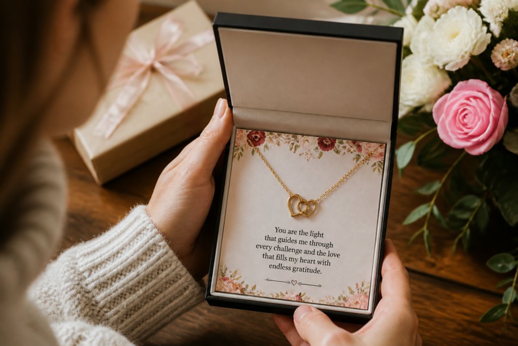 Hands opening a gift box containing a personalized necklace with a custom message card visible inside, warm lighting highlighting the packaging and jewelry detail