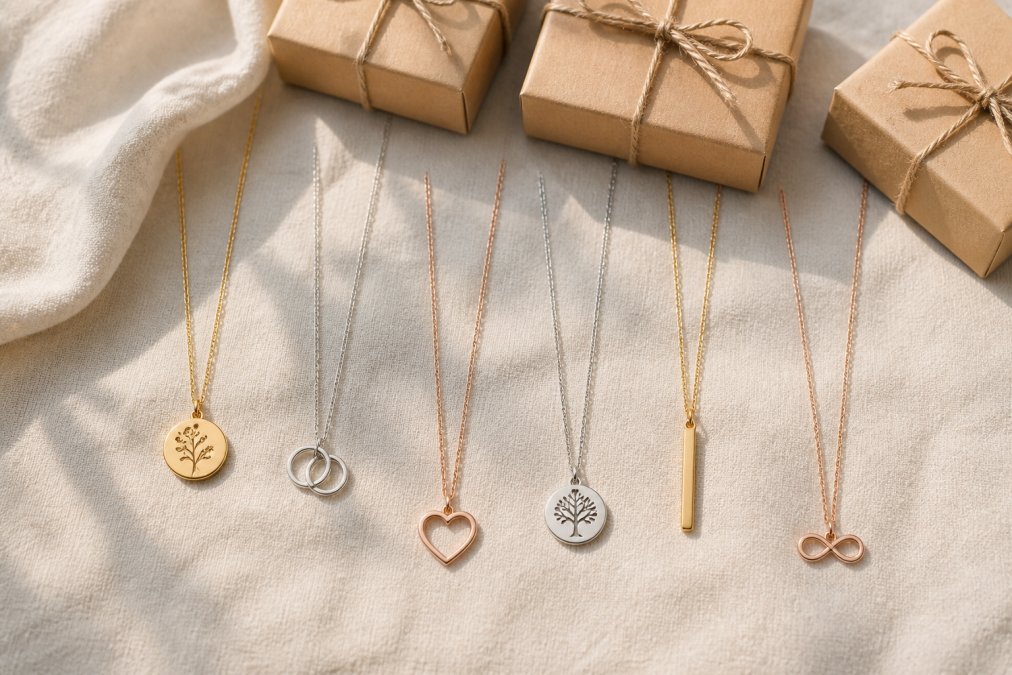 Six personalized necklaces arranged on cream linen with kraft boxes as personalized gifts