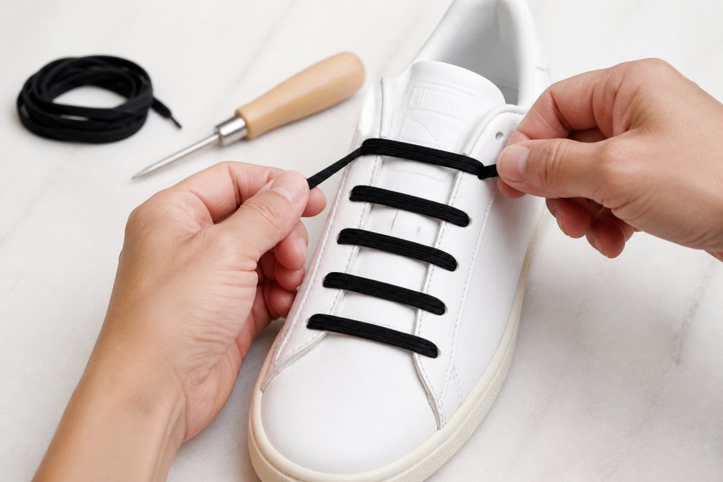 Close-up of hands demonstrating the push-and-pull installation method, threading elastic lace through sneaker eyelets with proper tension on a white canvas shoe against a neutral background