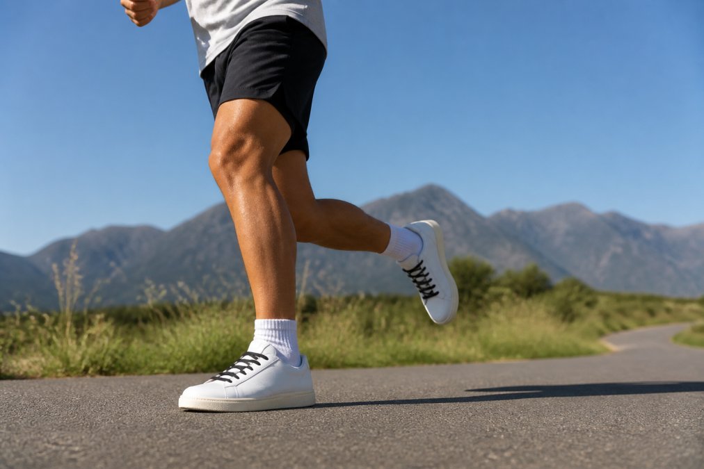 Active runner in athletic gear wearing sneakers with elastic no-tie laces, mid-stride on outdoor running path with natural daylight, showing secure fit around the ankle and foot