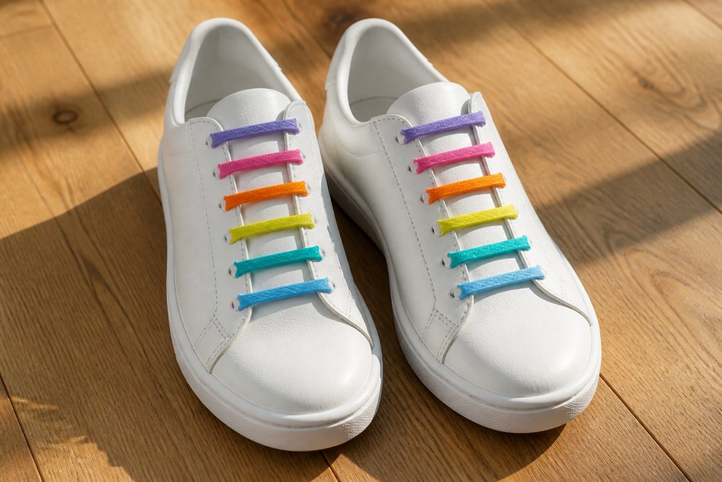 Close-up of a pair of clean white sneakers laced with colorful elastic no-tie lace segments on a wooden floor, showing the neat, knot-free appearance in bright natural light