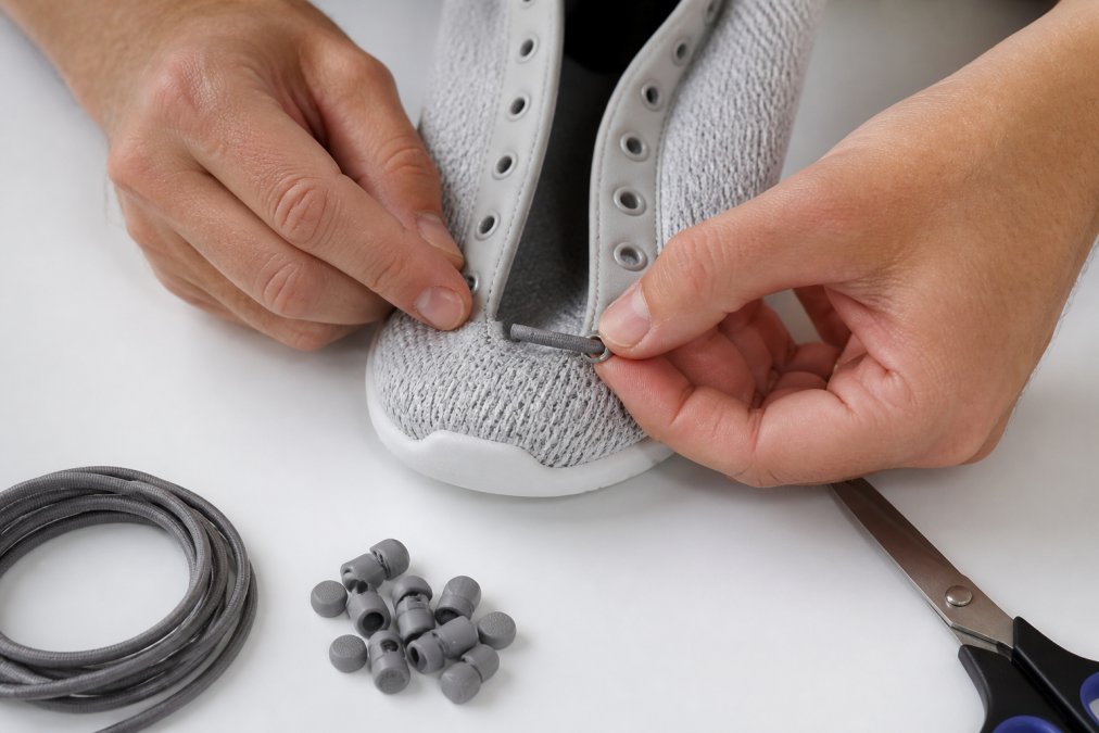 Close-up of a person's hands carefully threading a short elastic lace segment through a sneaker eyelet from below, the lace held between thumb and forefinger, on a bright white surface