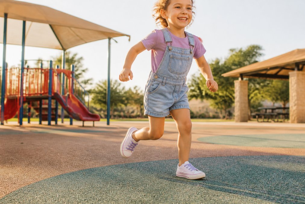 Young child in colorful sneakers with elastic no-tie laces running across a playground, shoes fitting snugly with no dangling laces visible, bright afternoon sunlight