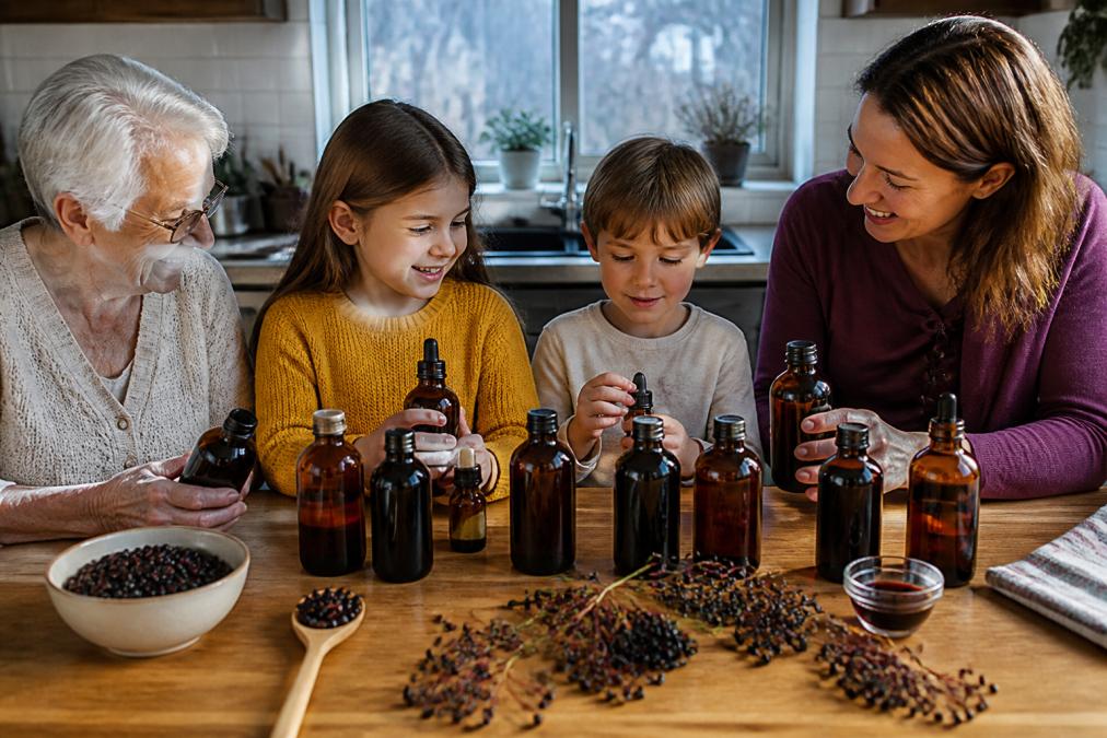 A collection of amber and glass elderberry syrup bottles arranged on a wooden kitchen counter with fresh dark elderberries, a small glass dosing cup, and a wooden spoon nearby in warm natural light