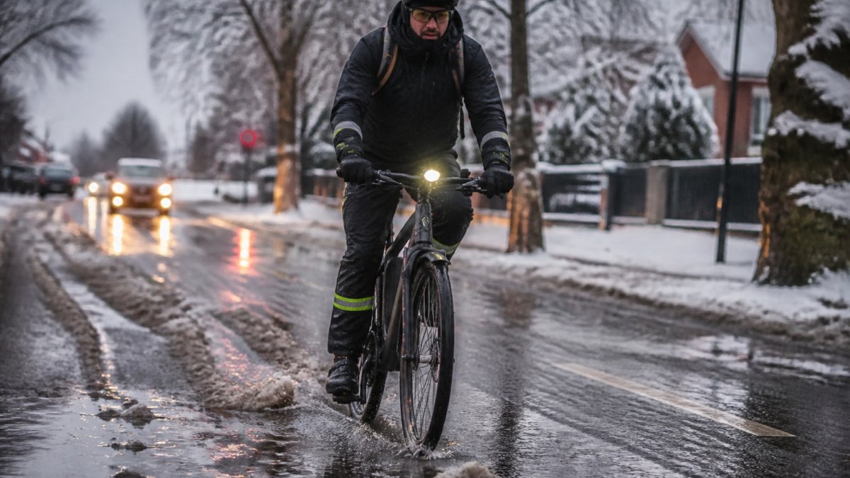 Cyclist riding an e-bike through wet, slushy winter conditions with reflective gear and lights visible, showing real-world winter commuting challenges
