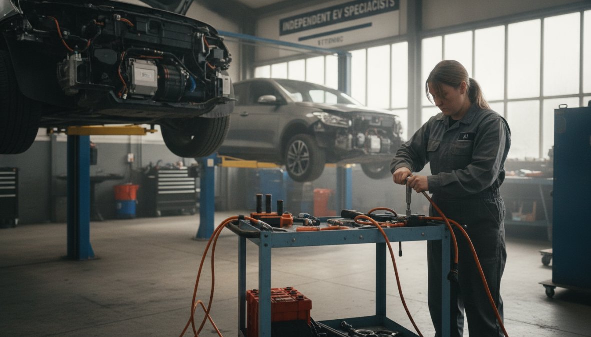 Qualified technician in professional uniform working on Tesla charging port with diagnostic equipment in modern garage workshop with bright overhead lighting